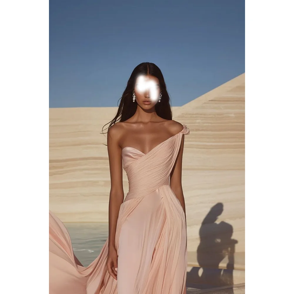 

Pink One Shoulder Sleeveless Floor Length Long Evening Dresses A-Line Pleat Prom Gowns Formal Banquet Occasions Dress