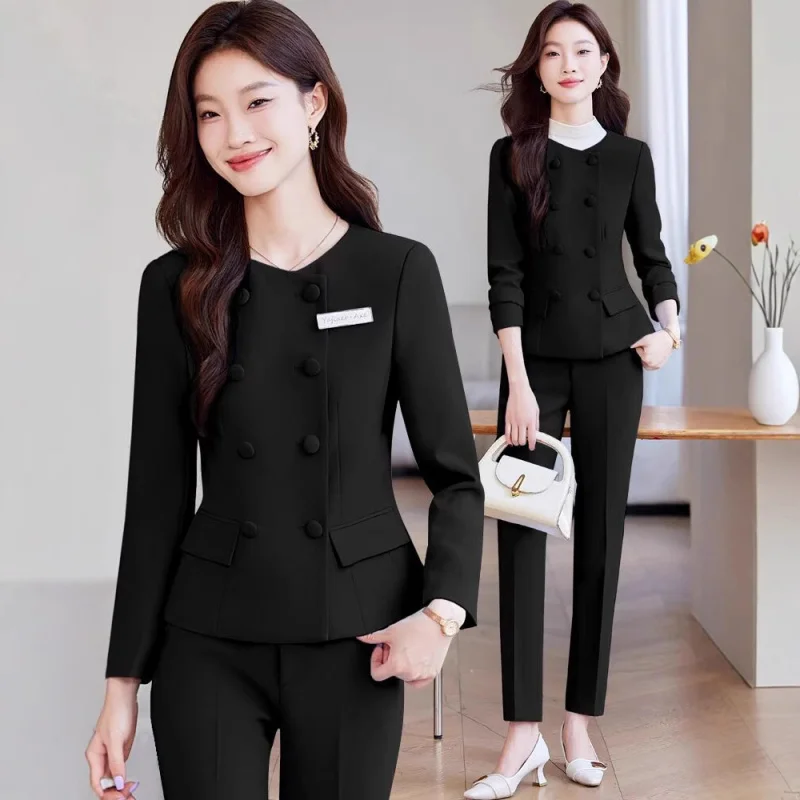 Kraagloze blauwe blazer voor dames2025Lente- en herfstseizoen Schoonheidssalon Hotel Receptie Werkuniform Professionele pakset