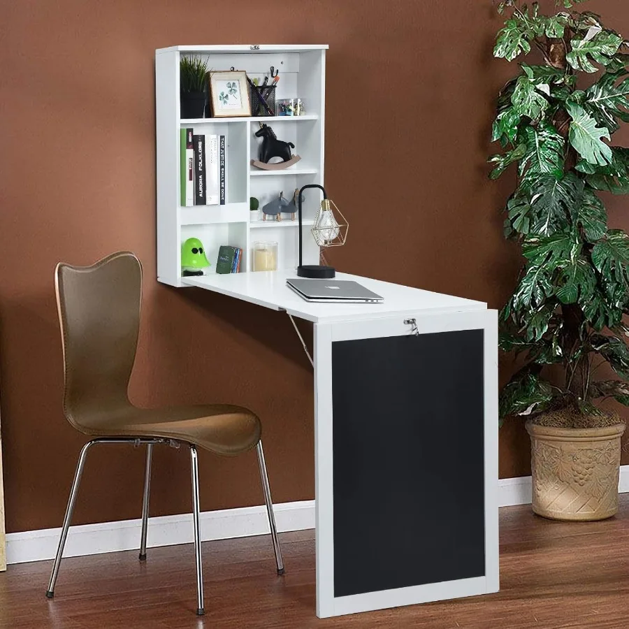 مكتب حائط قابل للطي يُثبت على الحائط مع أرفف تخزين وخطافات مكتب مخبأ مع مكتب زاوية عائمة على سبورة لـ