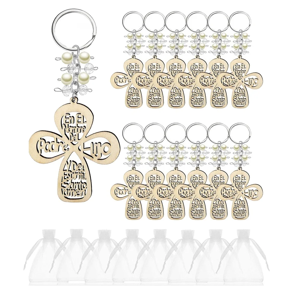 

20Pcs Baptism Favor Keychain Cross Wooden Key Ring Christening Wood Design Key Ring with Bag for First Communion