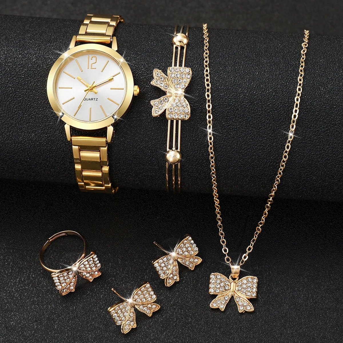 6PCS/Set Women\'s Watch Fashion Gold Steel Band Quartz Watches Rhinestone Bowknot Jewelry Set（Without Box）