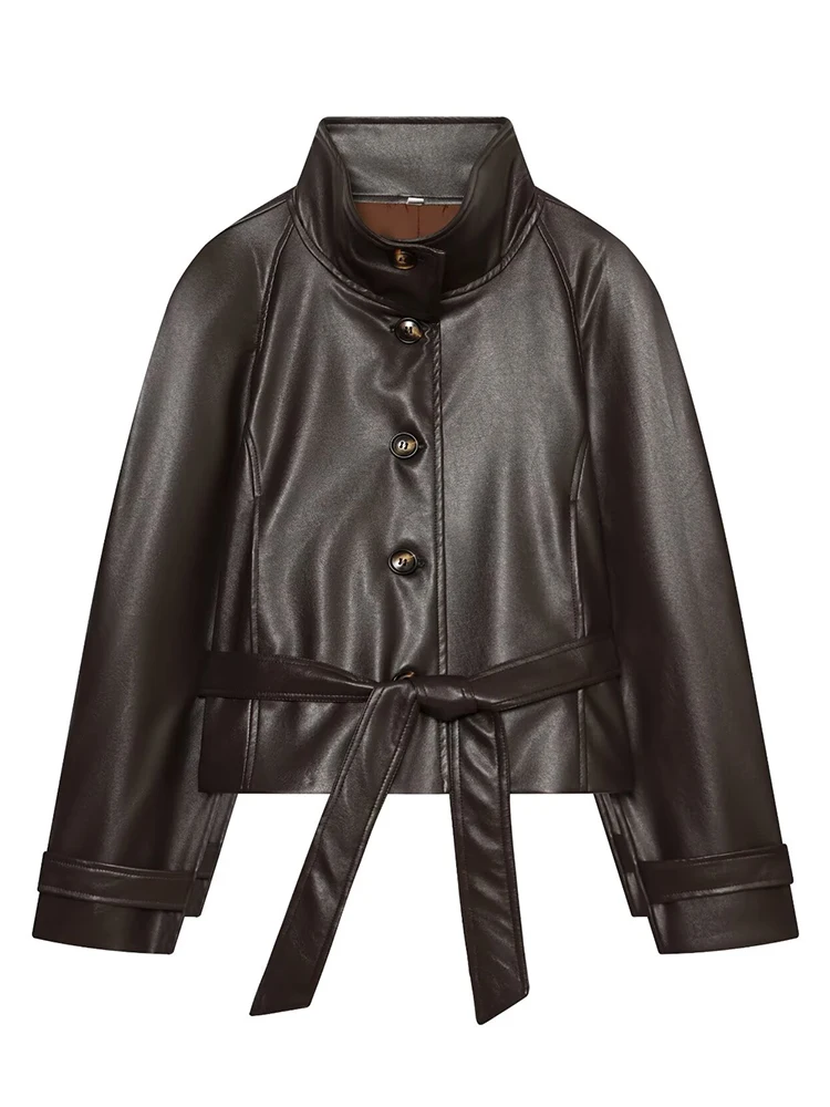 HH Women Spring Fall  Faux Leather Jacket Vintage Metal Buttons Self Tie Waist Belt Cuffed Cuff Short Outerwear For Street Date