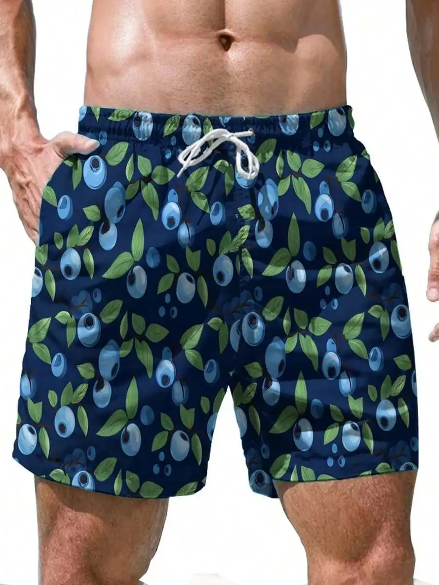 

Mens Plus Size Casual Beach Shorts With Blueberry Print Drawstring Waist Breathable Summer Pants
