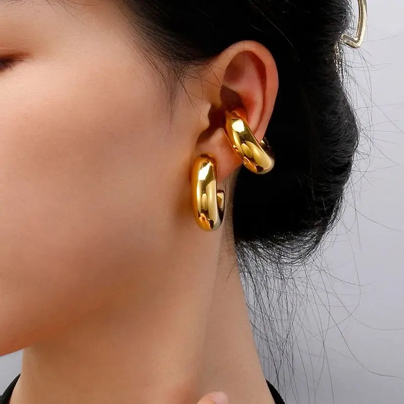 Badu Stainless Steel Round Chunky Ear Clip Earrings for Women Waterproof Thick Gold Color Non Piercing Ear Cuff Fashion Jewelry