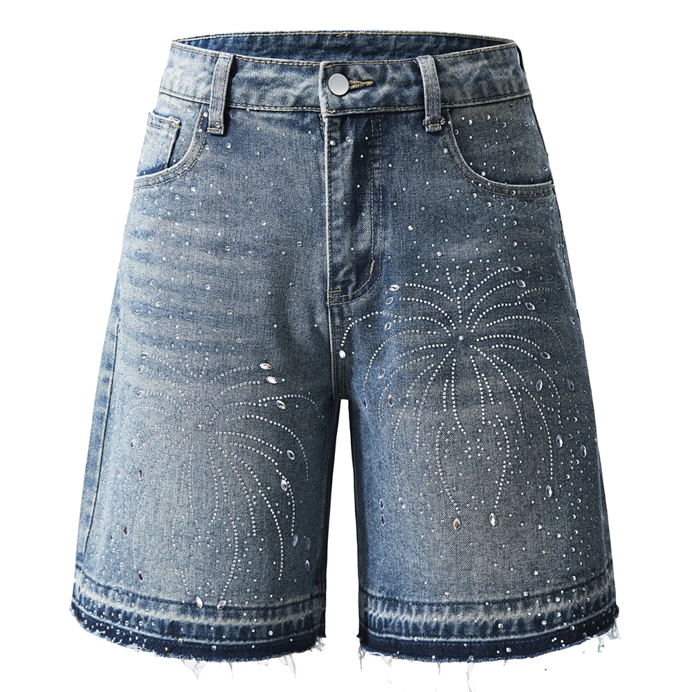Men's Denim Bermuda Shorts Crystal Baggy Jeans Loose Fit Wide Leg Washed Streetwear Summer Cotton Released Hem Breeches