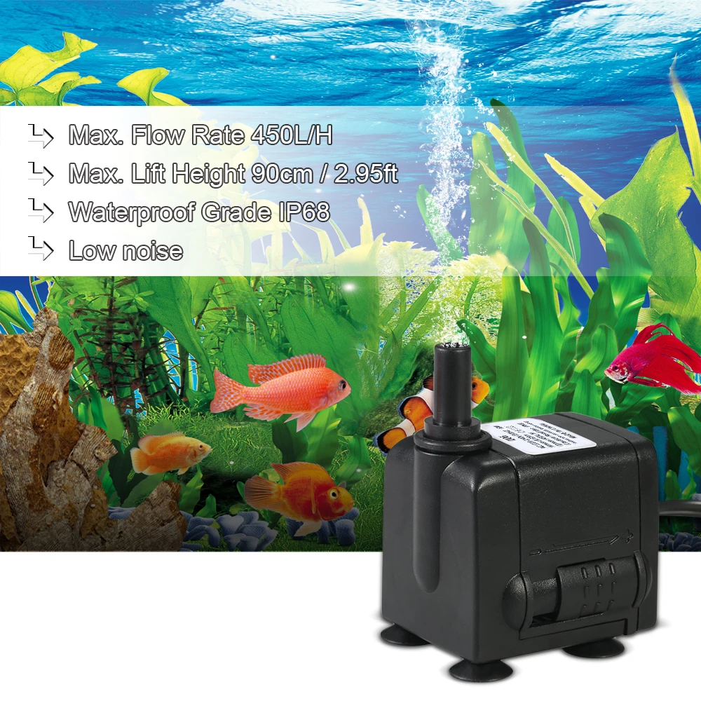 450L/H 6W Submersible Water Pump for Aquarium Tabletop Fountains Pond Water Gardens and Hydroponic Systems with 2 Nozzles