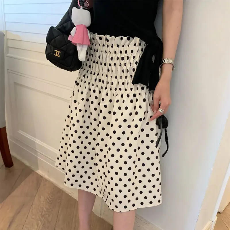 

Юбки миди в горошек во французском стиле, лето 2026, с эластичной высокой талией, женская одежда, с принтом, плиссированные, А-силуэт, стильные, с драпировкой