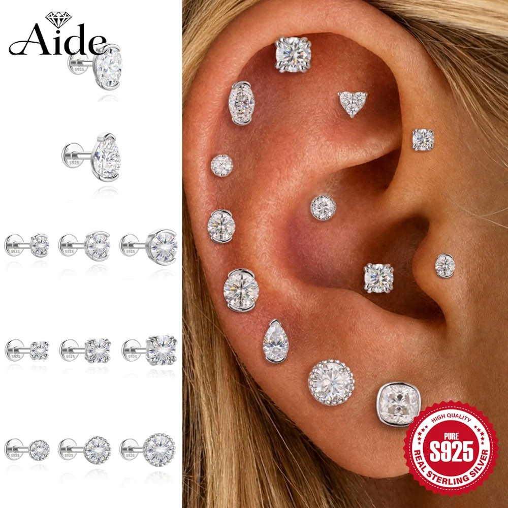 AIDE 1pc Moissanite Women's Multi Size 925 Sterling Silver Classic Square/WaterDrop Geometric Cartilage Helix Piercing Earrings