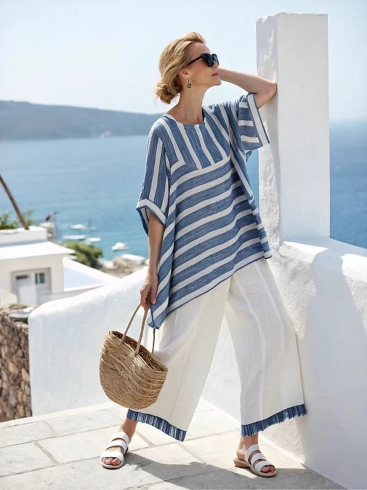 

Casual 2 Piece Sets Retro Printed Women Set Short Sleeved Tops Straight Pants For Summer Loose Outfit Conjunto Dos Piezas Mujer