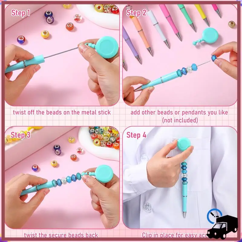 

Efficient 10 Pcs Beadable Pens Black Ink Bead Pens DIY Pens Retractable Badge Reel Pen Ballpoint Pull Clip Pen For Office Teache