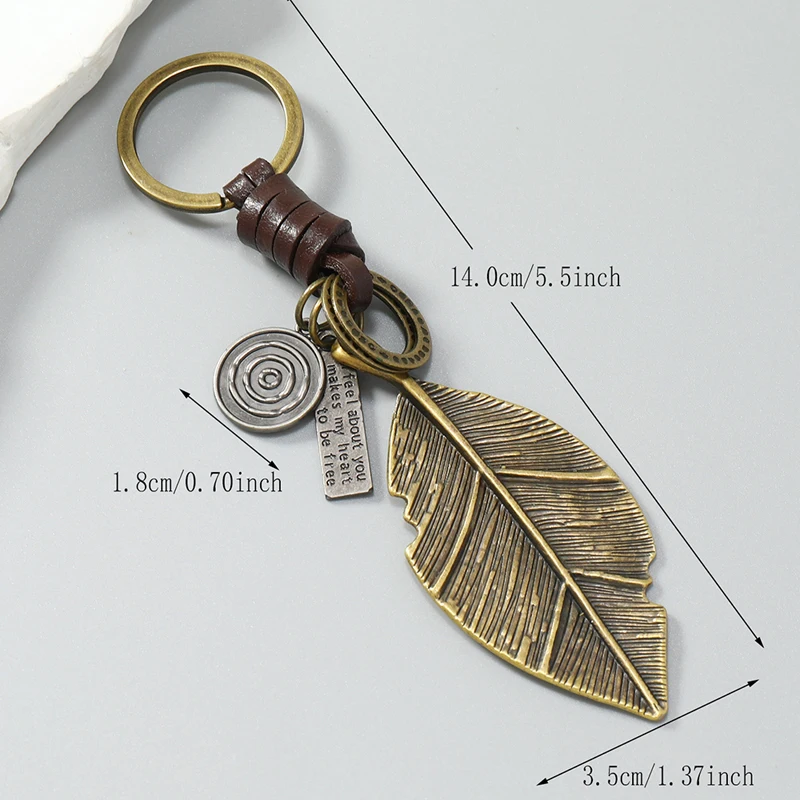 Fashion metal leaf pendant men keychains leather key ring