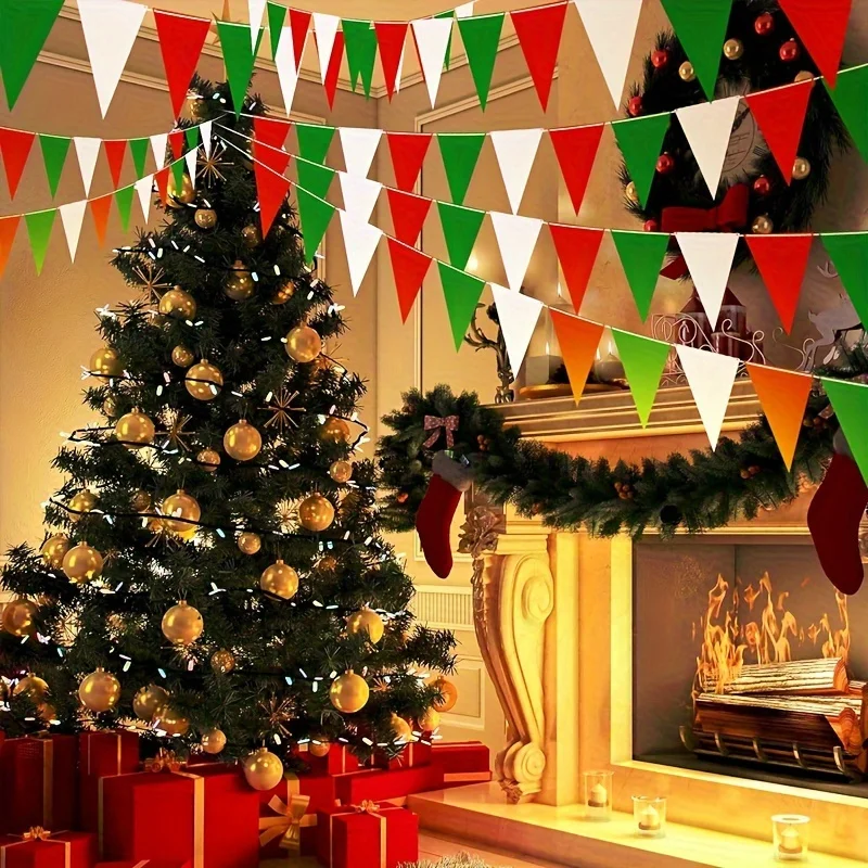 10M Red Green White Flag, Plastic Pennant Garland, Christmas Atmosphere Decoration Bunting for Party and Garden Outdoor