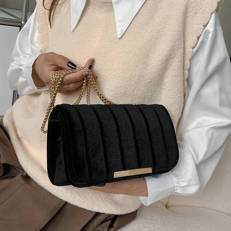 Stylish Velvet Women Crossbody Shoulder Bag Plaid Pattern Synthetic Faux Leather Lining Elegant Chain Strap Perfect for Various