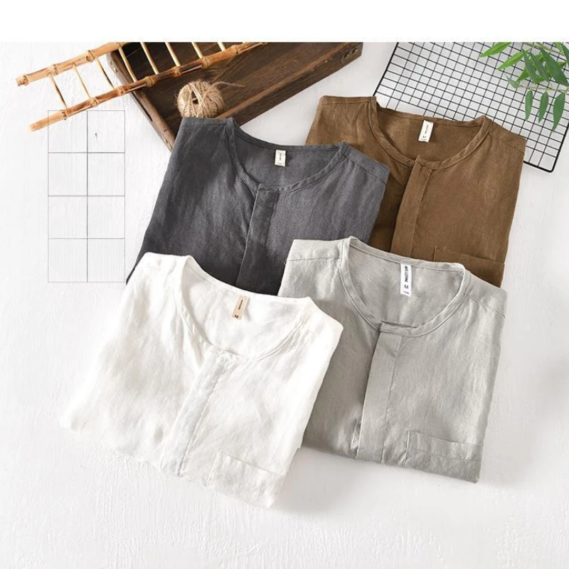 Męskie lniane koszule cienkie Vintage kolor koszula męska koszule na co dzień oddychająca wygodna pościel