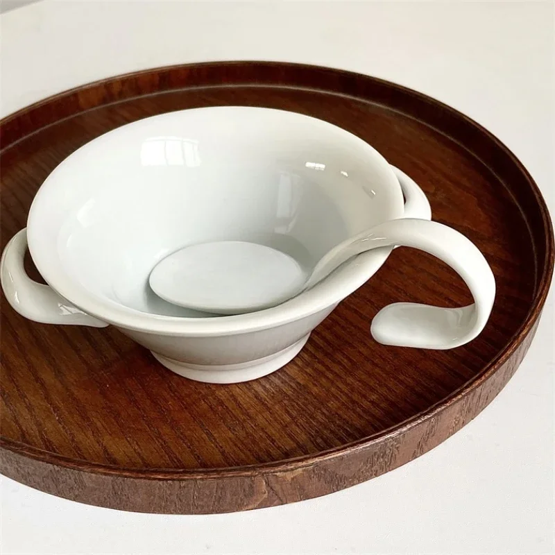 

Unique white creative double ear sweet soup bowl ceramic design with rare shape and unique design, soup spoon for household use