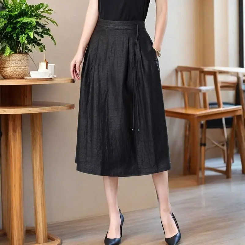 Women's High Waist Wide Leg Culottes with Drawstring Detail Solid Color Casual Midi Skirt Pants