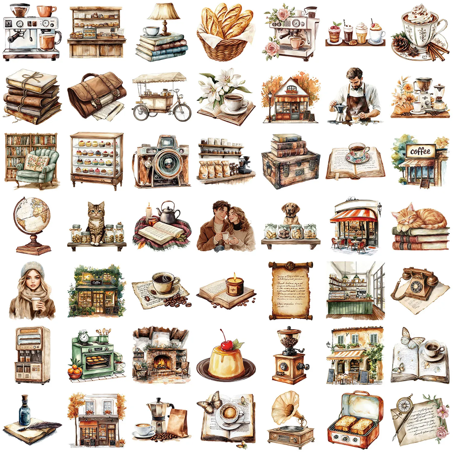 50PCS Fun Cartoon Vintage coffee Stickers Scrapbooking Collage Material Phone Cases Guitar Notebooks DIY Decorative