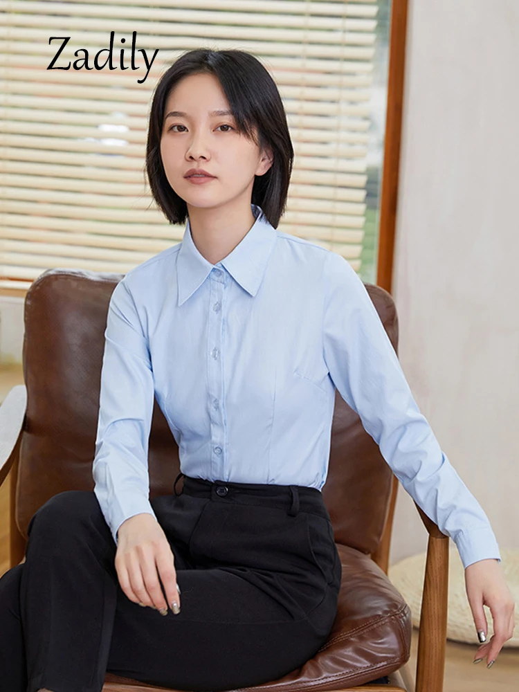 Office Lady Long Sleeve Women Basic Shirt Blouse Slim Button Up All Season Woman 50% Cotton Dress Shirts Work Female Tops