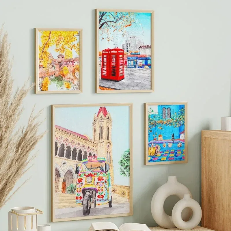 1 Pieza - Póster Decorativo de Viaje con Paisajes Urbanos Coloridos de Londres y Karachi, Impresión Minimalista en Lienzo para Sala de Estar y Decoración del Hogar