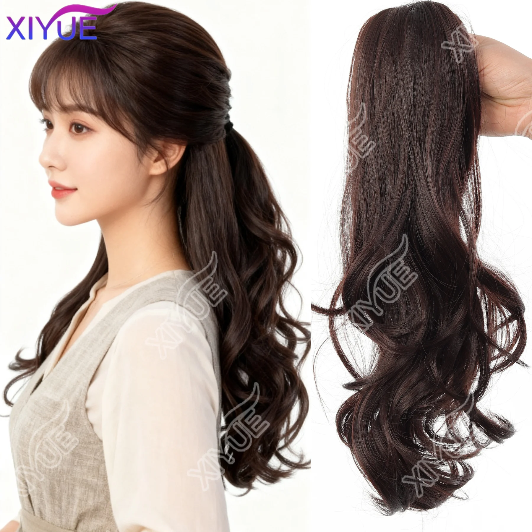

XIYUE well-organized Ponytail Extension Synthetic Claw Clip in Hairpiece Curly Wavy Ponytail Hair A ponytail with half tied hair