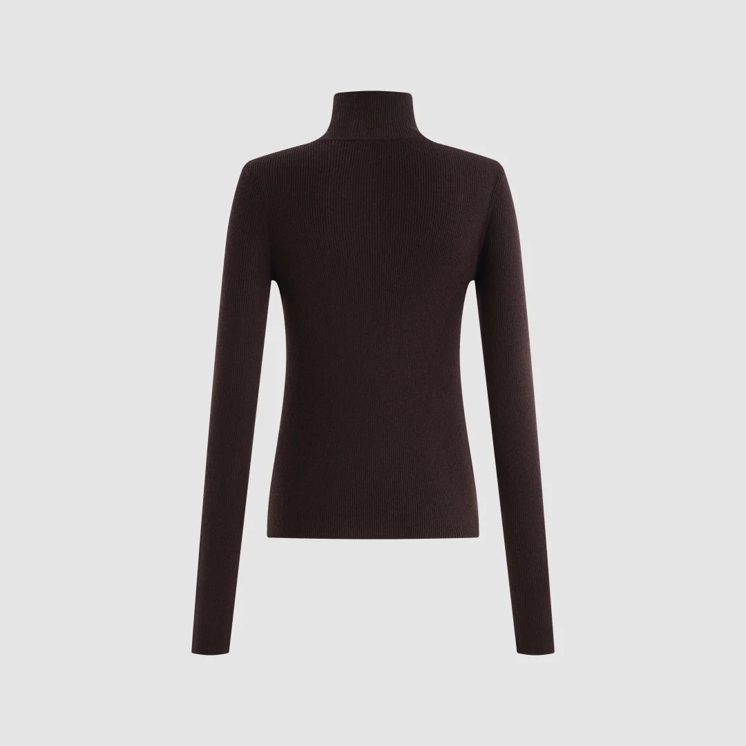 2026 Women's Merino Wool Blend Half-Zip Base Layer Top Brown Ribbed Knit Thermal Undershirt with Thumbholes Winter Warm Pullover