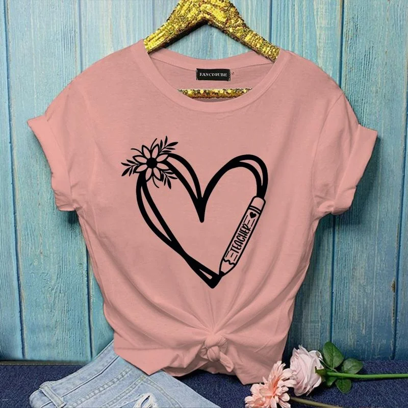 

Women's Floral Heart TEACHER Graphic Printed T-Shirt Fashion TEACHER Summer Round Neck Short Sleeve Shirt Top