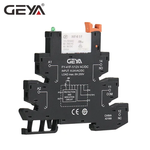 Imagen 2 del producto 5 uds 10 Uds GEYA Din Rail módulo de relé delgado HF-41F relé de potencia de montaje PCB integrado 12V 24V 48V 110V 230V con enchufe de relé 6,2mm