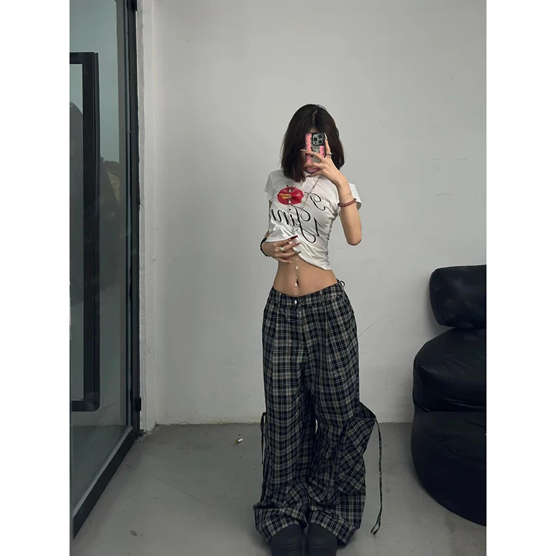 Women Dark Academia Harajuku Fashion Gothic 2000s Aesthetic Plaid Pants Elastic Waist Pantalones Long Trousers Trashy Y2k Baggy