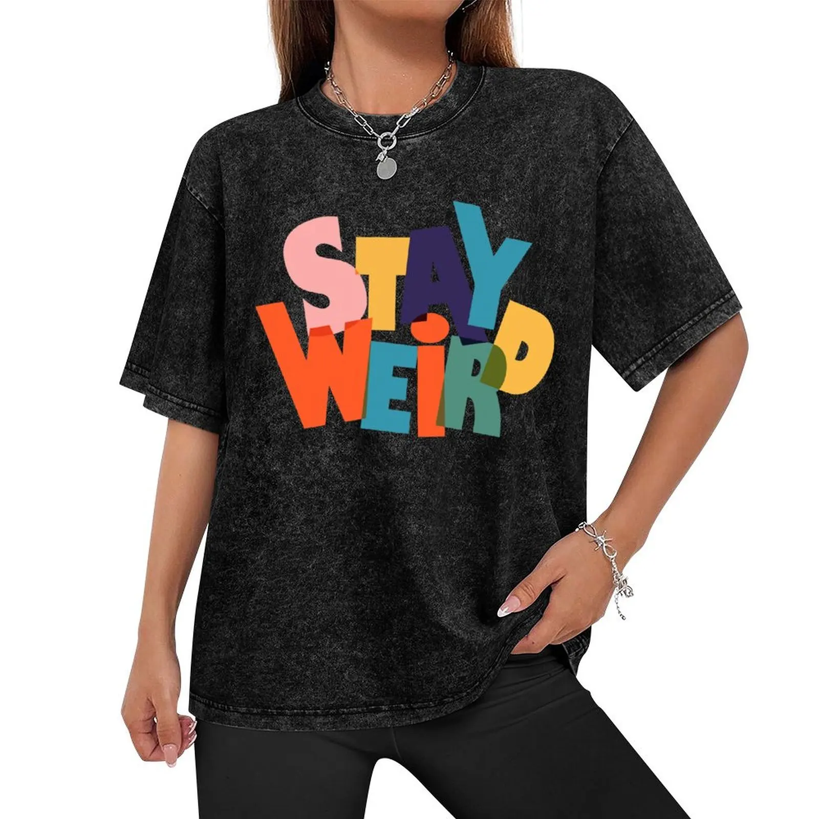 STAY WIERD - colorful typography T-Shirt summer tops sweat Short sleeve tee mens t shirts casual stylish