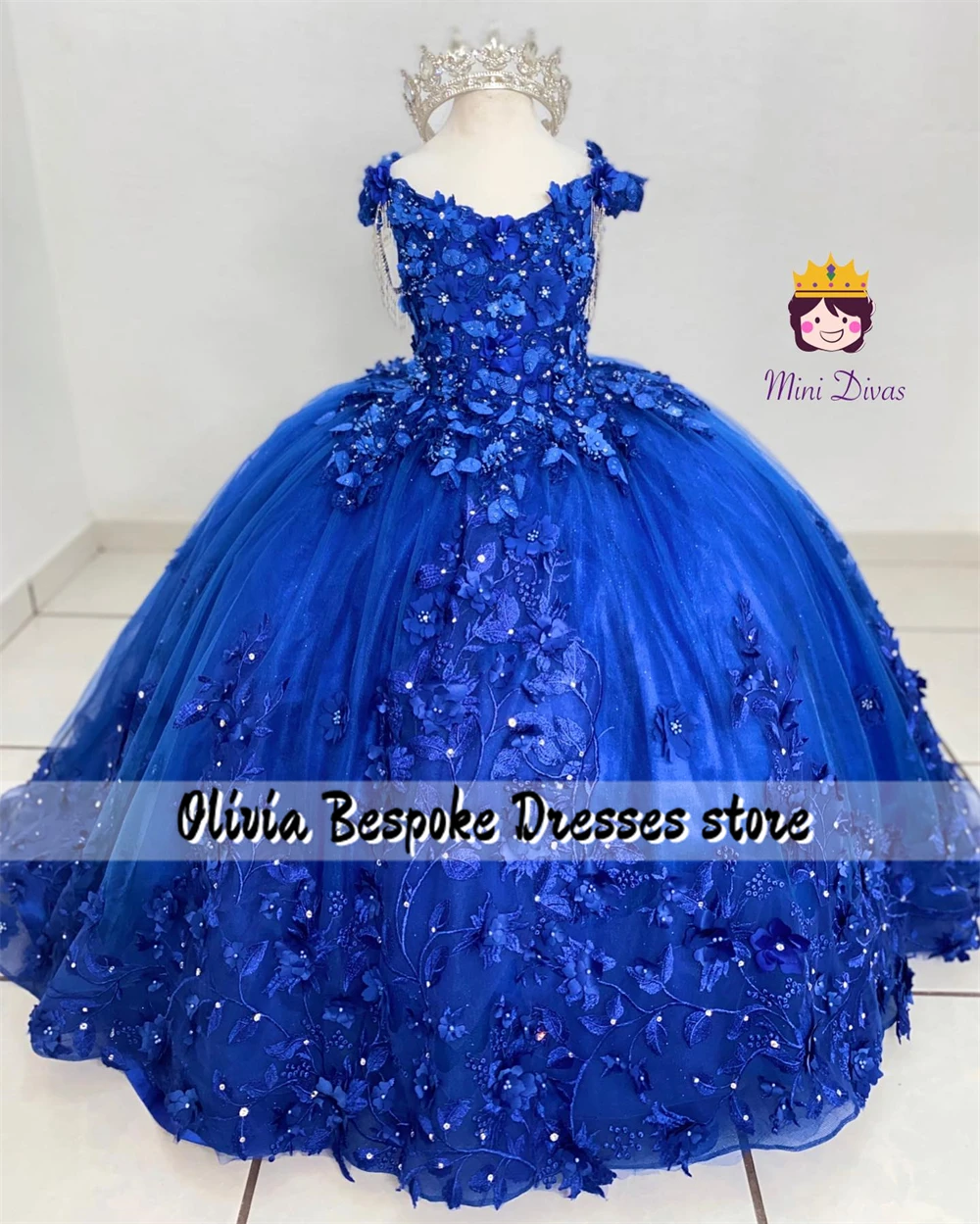 Fabulous King Blue Off The Shoulder Flower Girls Dresses For Little Girl Off The Birthday Party Gowns Beaded Appliques Ball Gown