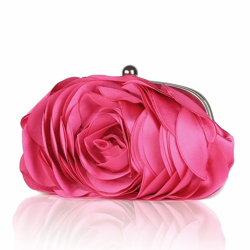 Women Rose Flower Evening Bag Ladies Floral Pink Handbag Bridal Wedding Party Purse Fashion Beatiful Small Day Clutch Chain