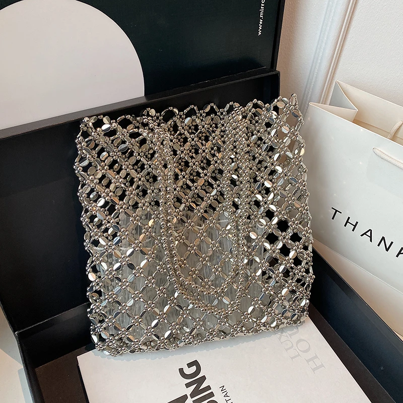 2025 New Summer Vacation Bag Boho Beach Hollow Out Shoulder Bag For Women Handmade Beading Handbag Silver Metal Top Handle Tote