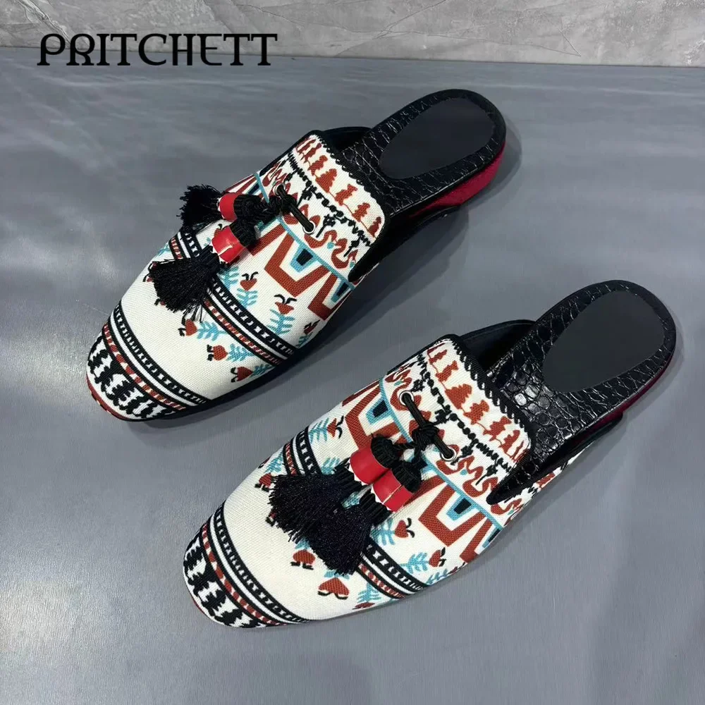 

National Style Black Tassel Slippers Printed Round Toe Pull-On Slippers Fashionable Casual Personality Comfortable Men's Shoes