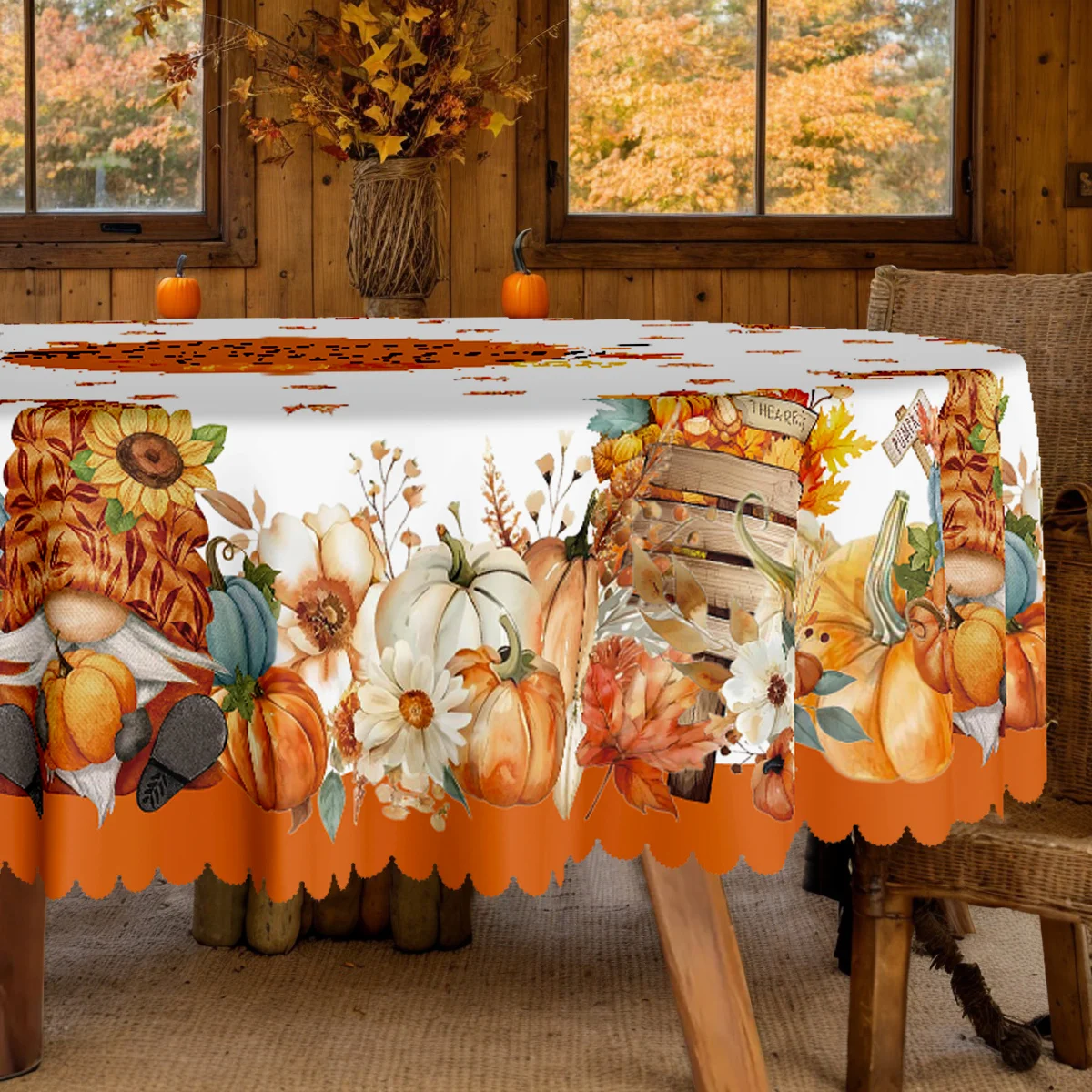 1. A polyester tablecloth, an autumn Thanksgiving-themed tablecloth, a dwarf pumpkin maple leaf floral printed tablecloth.zyc