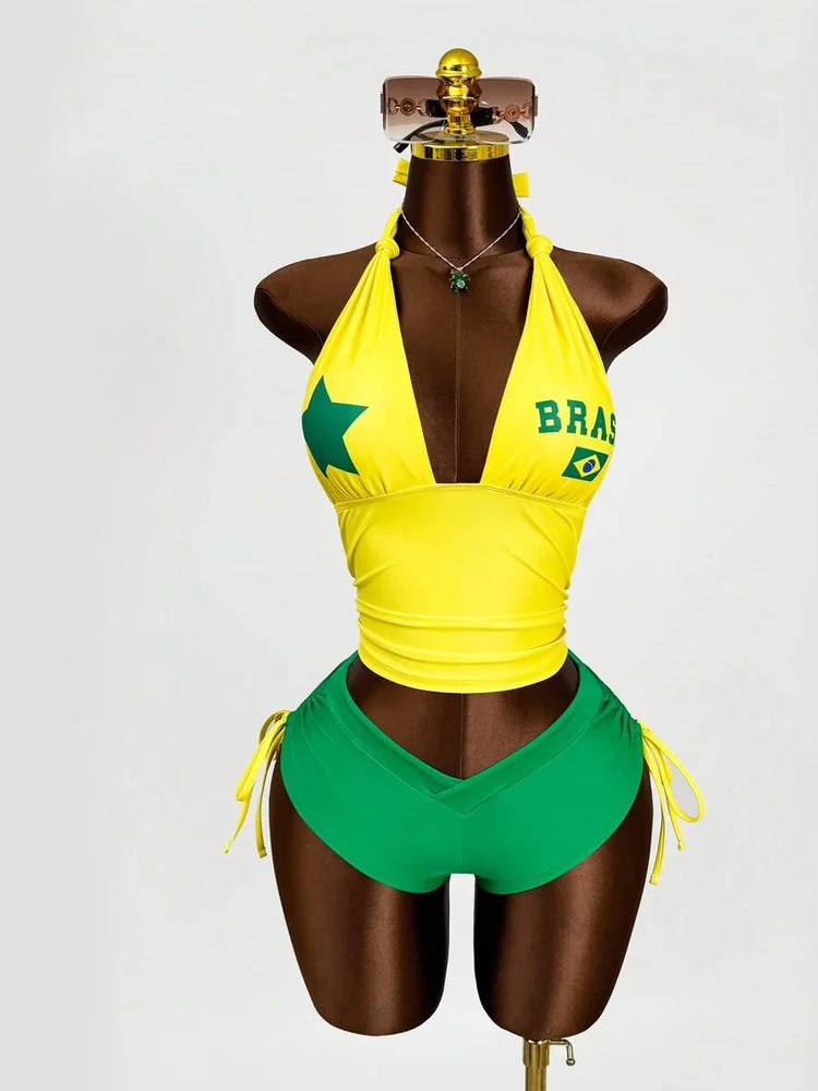 Y2K Summer Hot Girl Hanging Neck Brazilian Printed Tankini Set Women's Strap Collar Top and Drawstring Shorts Beach Wear Set