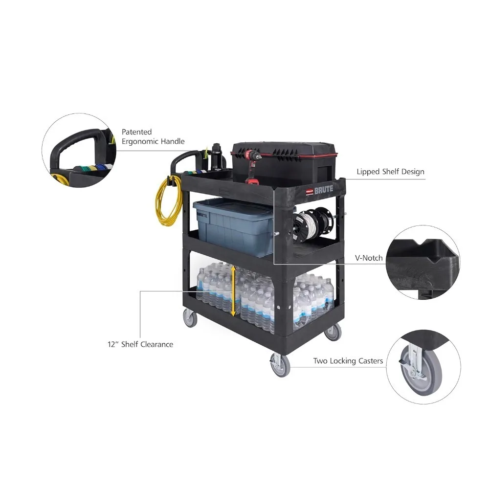 Heavy-Duty 3-Shelf Utility Cart, 600lb Capacity Service Cart with Lipped Shelves