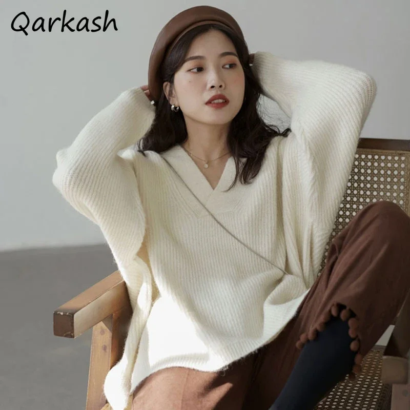 

Pullovers Women V-neck Loose Gentle Solid Long Sleeve All-match Daily Casual Cozy Autumn Warm Pullover Tops Fashion Designed