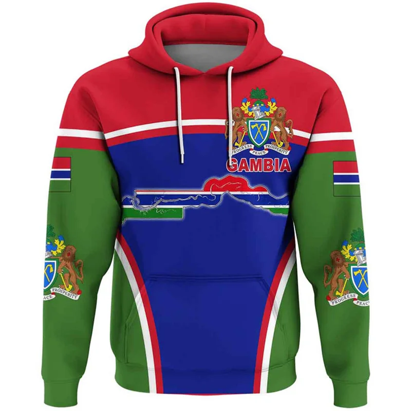 Fashion 3D The Republic-of The Gambia Flag Printing Hoodies Gambia Coat Of Arms Graphic Hooded Hoody Mens Clothing Pullovers Top