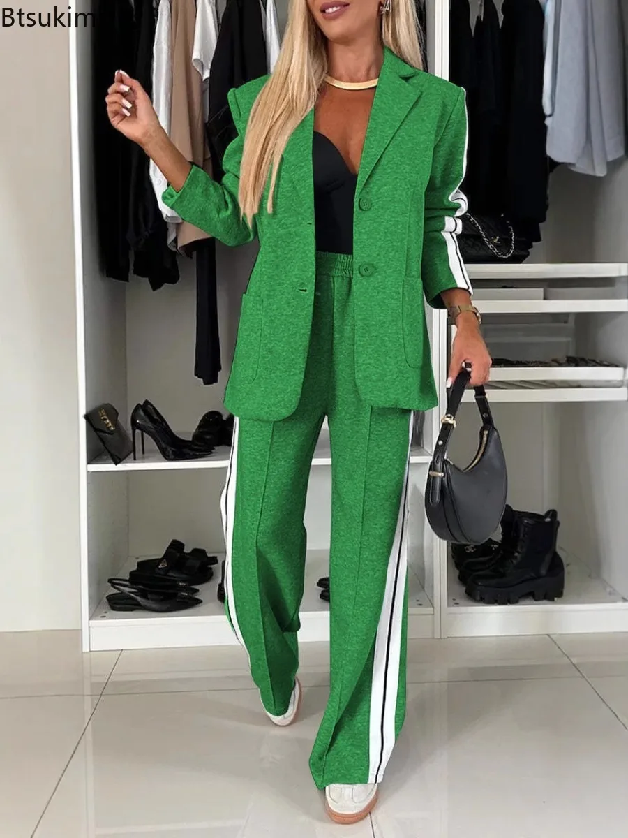 

2026 Casual Two Piece Sets for Women Spring Autumn Fashion Color Blocking Blazer Coat and Wide Leg Pants Outfits Women Suit Sets