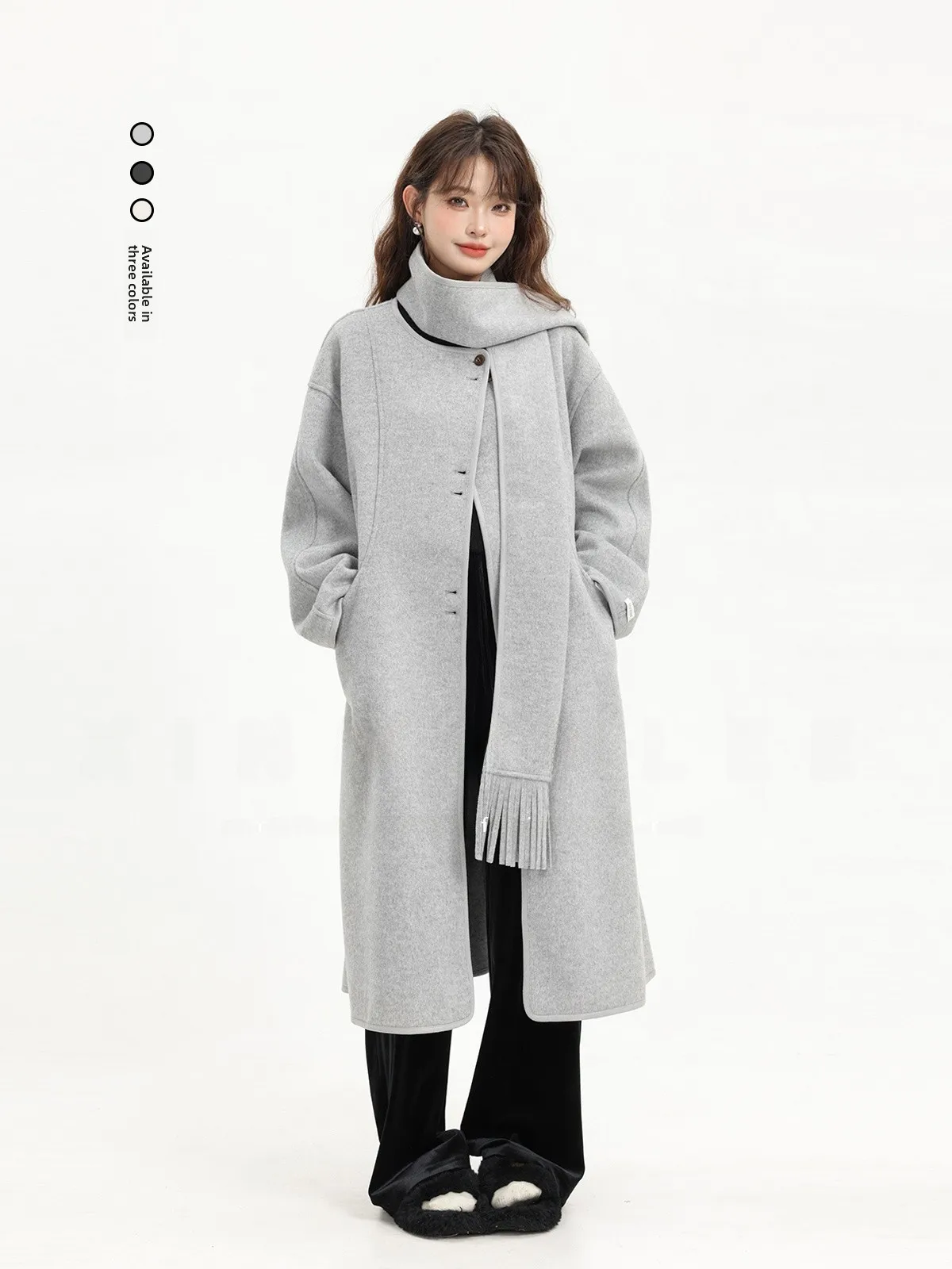 

Double-Sided Woolen Korean Sle Lazy Faion Long Coat Autumn Winter Ele Versatile High-End Feeling Outerwear Coat