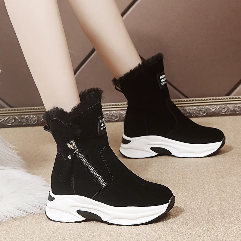 2023 Winter New Round Head with Fleece Warm Side Zipper Low Cylinder Flat Casual Student Women's Snow Boots