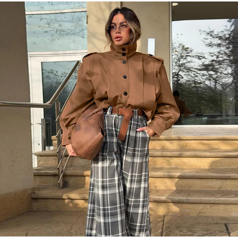 Revers-Langarm-Plissee-Kurzmäntel für Damen, Street-Style, mit Umlegekragen, Epauletten, einreihige Jacken, schicke Damen-Oberbekleidung, neu – Detail 6