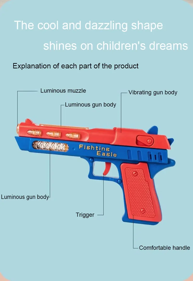 Pistolet pistolet elektryczny Luminous muzyczne wibrujące pistolety zabawkowe pistolet dźwiękowy prezent na boże narodzenie dla dzieci prezent urodzinowy fałszywy pistolet Mini