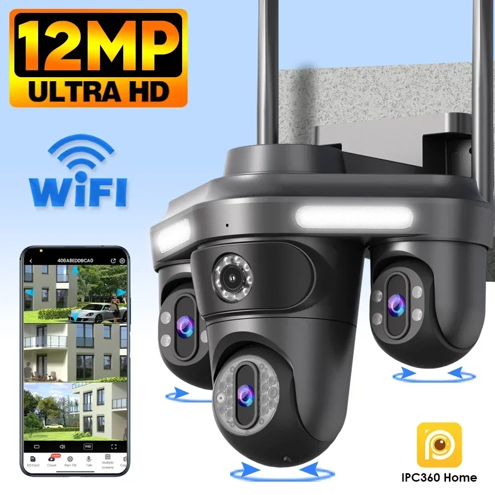 12MP 6K Ultra HD Surveillance Camera Wifi Three Lens Smart Wireless Outdoor CCTV PTZ Security IP Camera For Home IPC360 app