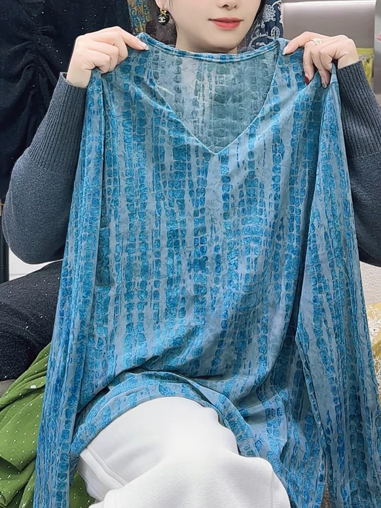 

plus Size Women's Blue V-Ne Slit Long Sve T-irt Spring Loose Slimming Base Layer Top Korean Sle Commute Faion