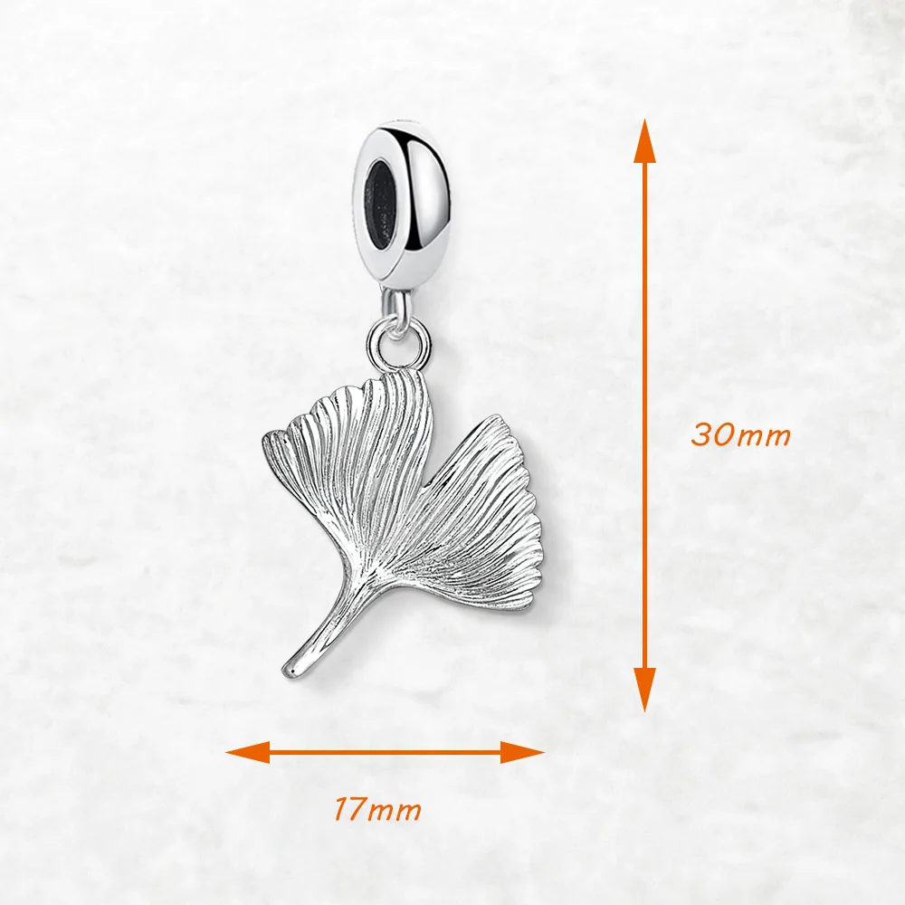 Real 925 Sterling Silver Bead Ginkgo Leaf Pendant Dangle Charm For Women Men DIY Jewelry Trendy Gift