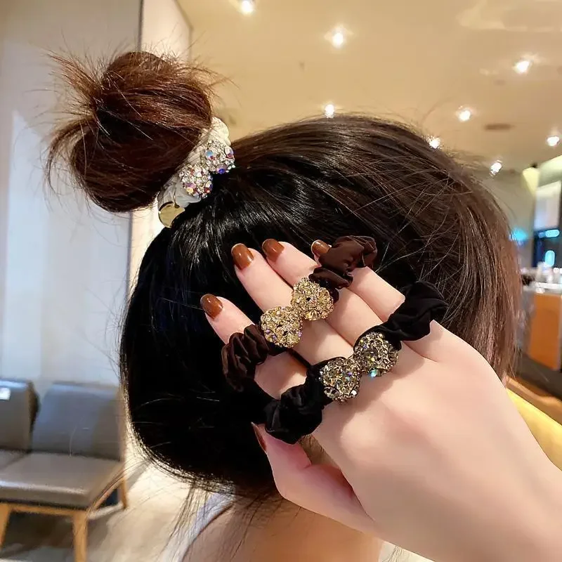 Rhinestone Bow Full Crystal Hair Bands for Women French Style Large Hair Ties Luxury Elastic Rubber Scrunchies Hair Accessories