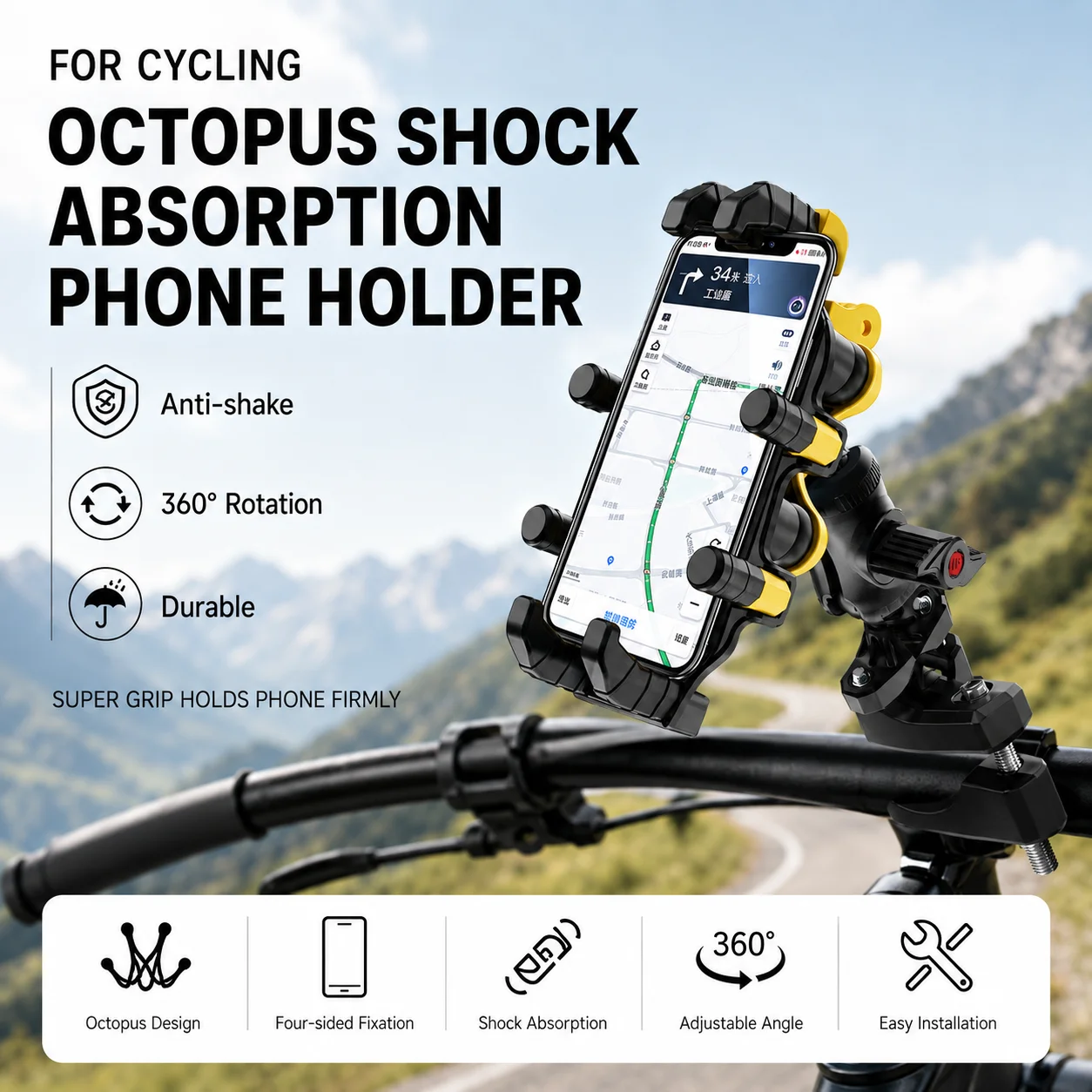 Bike Phone Holder 8 Claw Anti Shake Bicycle Handlebar Mount 360° Adjustable GPS Mobile Phone Stand E-Bike Cycling Accessories