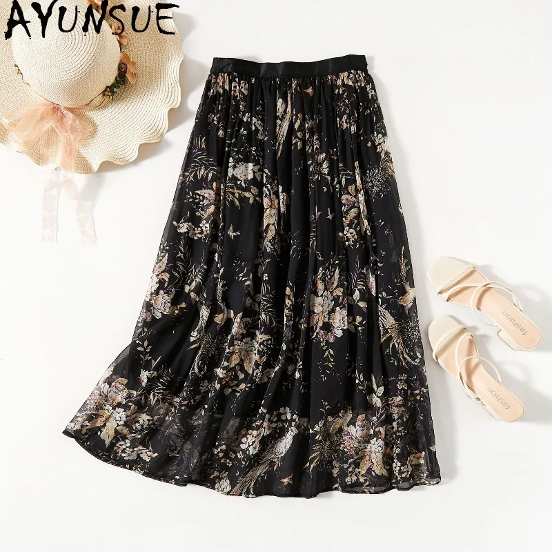 AYUNSUE 100% Silk Women's Skirts Stylish Long Skirts for Women Vacation Black Skirt Flowing Beach Dress 2026 Woman Clothes Юбка