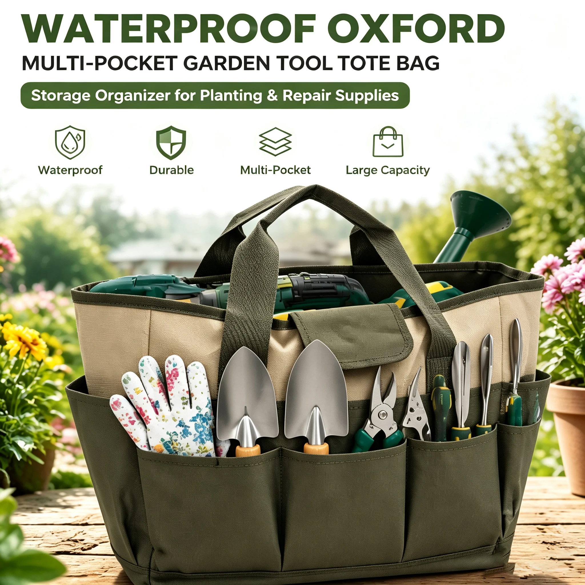 Waterproof Oxford Multi-Pocket Garden Tool Tote Bag Storage  Organizer Floral Gardening Tool Bag for Planting Repair Supplies